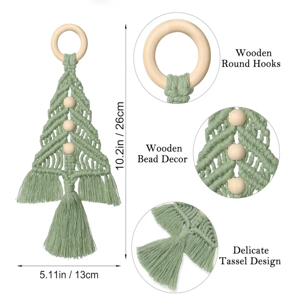 Macrame Christmas Tree Ornaments Set - Green, Cream & Red - Picture 2 of 2